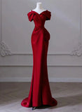 Wine Red Satin Off Shoulder Long Evening Dress, Wine Red Formal Dress Prom Dress HZ1024