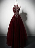 Beautiful Wine Red Velvet Long Evening Dress, Beaded Wine Red Party Dress Formal Dress HZ1024