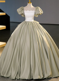 Green Short Sleeves Ball Gown Satin Long Sweetheart Dress, Green Long Formal Dress HZ1024