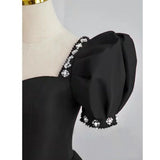 Simple Pretty Black Satin Short Sleeves Beaded Party Dress, Black Long Evening Dress HZ1024