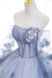Light Blue Tulle Puffy Sleeves with Flowers Sweet 16 Dress, Light Blue Formal Dress HZ1024