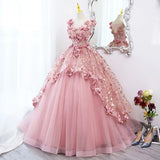 Pink Tulle Long Party Dress With Flowers, Pink Tulle Sweet 16 Dress Formal Dress HZ1024