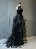 Chic Halter Sequins Black Long Party Dress with Tulle, Black Long Evening Dress HZ1024