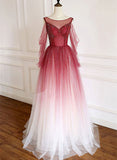 Dark Red Gradient Tulle Beaded Round Neckline Prom Dress, A-line Tulle Formal Dress HZ1024