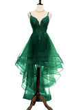 Dark Green V-neckline High Low Prom Dress with Lace and Beadings, Green Homecoming Dress HZ1024