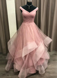 Pink Tulle Layers Long Formal Dress, Pink Tulle A-line Prom Dress HZ1024