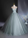 A-Line Scoop Neckline Tulle Floor Length Formal Dress with Lace, Elegant Evening Party Dress HZ1024