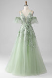 Sage A-Line Detachable Sleeves Long Corset Prom Dress with Flowers HZ1024