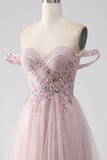 Off the Shoulder A Line Beaded Prom Dress with Slit HZ1024