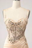 Elegant Champagne Mermaid Pleated Satin Prom Dress With Appliques HZ1024