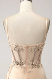 Elegant Champagne Mermaid Pleated Satin Prom Dress With Appliques HZ1024