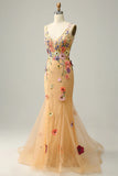 Mermaid Deep V Neck Champagne Long Prom Dress with Appliques HZ1024