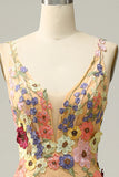 Mermaid Deep V Neck Champagne Long Prom Dress with Appliques HZ1024