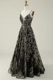 Black Golden Spaghetti Straps Long Prom Dress HZ1024
