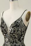 Black Golden Spaghetti Straps Long Prom Dress HZ1024