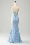 Light Purple Mermaid Sweetheart Corset Appliques Prom Dress With Side Slit HZ1024