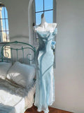 Classic Sheath Spaghetti Straps Light Sky Blue Prom Dress With Flower HZ1024