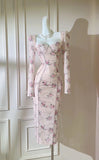 Pink Long Sleeve Printed Wrap Hip Tea Dresses HZ1024