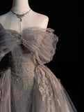 Gray A-Line Trailing Strapless Heart Neck Thin Floor Length Evening Gowns HZ1024