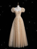 Yellow A-line Heart Shaped Neck Short Sleeve Tulle Long Evening Dress HZ1024