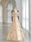 Champagne A-Line Strapless Spaghetti Strap Long Prom Dresses HZ1024