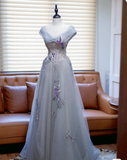 Gray A-Line Sleeveless Tulle Long Prom Dresses HZ1024