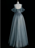 Blue Strapless Spaghetti Strap A Line Sequined Tulle Long Prom Dresses HZ1024