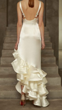 Ivory Mermaid Straps Backless V-Neck Satin Ruffle High Low Prom Dresses HZ1024