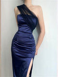 Blue Mermaid Strapless Strapless Tulle Satin High Split Prom Dresses HZ1024