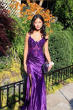 Purple Lace Sexy High Split Spaghetti Strap Satin Long Prom Dresses HZ1024