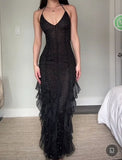 Black Mermaid Sexy Ruffle Neckline Simple Long Prom Dresses HZ1024