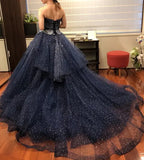 Navy A-Line Tulle Silver Beaded Sequin Strapless Evening Gown HZ1024