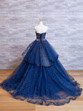 Navy A-Line Tulle Silver Beaded Sequin Strapless Evening Gown HZ1024