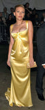 Yellow low cut spaghetti strap satin simple long evening gown formal dress HZ1024