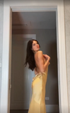 Yellow mermaid low-cut sleeveless backless satin long ball gown evening dress HZ1024