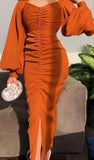 Orange Mermaid Bodycon Long Sleeve Pleated Slit Ankle Length Evening Dress HZ1024