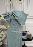 Elegant Mermaid Off Shoulder Blue Beaded Formal Prom Gown Evening Dress HZ1024
