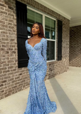Chic Blue Mermaid Long Sleeve Butterfly Lace Floor-Mounting Ball Gown Evening Dress HZ1024