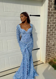 Chic Blue Mermaid Long Sleeve Butterfly Lace Floor-Mounting Ball Gown Evening Dress HZ1024