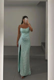 Elegant Green Strapless Sequined High Slit Formal Prom Dress Evening Gown HZ1024