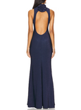 Elegant Navy Mermaid Turtleneck Sleeveless Shining Backless Floor Length Formal Prom Dress Evening Gown HZ1024