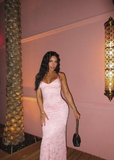 Sexy Pink Mermaid Spaghetti Strap V Neck Printed Ball Gown Evening Dress HZ1024