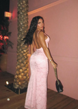 Sexy Pink Mermaid Spaghetti Strap V Neck Printed Ball Gown Evening Dress HZ1024