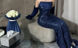 Navy Blue Mermaid Off Shoulder Strapless Sequin Floor Length Formal Prom Gown Evening Dress HZ1024