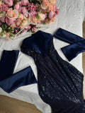 Navy Blue Mermaid Off Shoulder Strapless Sequin Floor Length Formal Prom Gown Evening Dress HZ1024