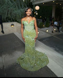 Charming Green Mermaid Off Shoulder Beaded Sequin Floor Length Formal Prom Dress Evening Gown HZ1024