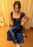 Soft Navy Short Sleeve Satin Ankle Length Ball Gown Evening Dress HZ1024