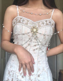 Vintage Ivory Mermaid Spaghetti Strap Pearl Lace Ankle-Length Ball Gown Evening Dress HZ1024