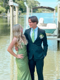 Simple Soft Satin Green Mermaid Off-the-shoulder High Slit Ball Gown Evening Dress HZ1024