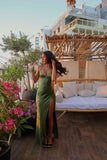 Simple Soft Satin Green Mermaid Off-the-shoulder High Slit Ball Gown Evening Dress HZ1024